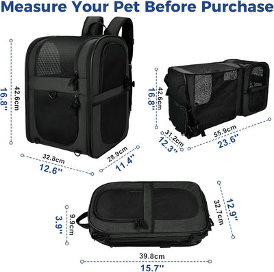 Pet Carrier Backpack for Large/Small Cats and Dogs, Puppies, Safety Features and Cushion Back Support for Travel, Hiking, Outdoor Use (Black-Expandable)