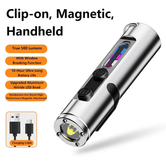 6-In-1 Multifunctional Keychain Flashlight COB Side Light Rechargeable Magnetic Work Light Window Breaker Emergency Tool