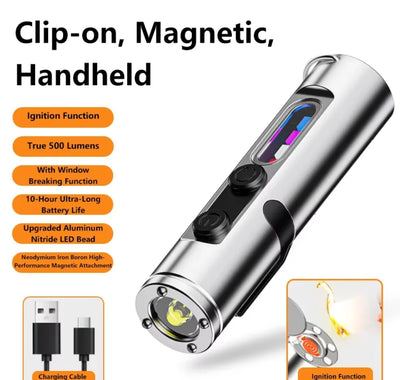 6-In-1 Multifunctional Keychain Flashlight COB Side Light Rechargeable Magnetic Work Light Window Breaker Emergency Tool